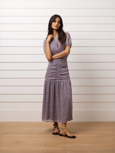 Vestido largo fruncido estampado malva - Silbon