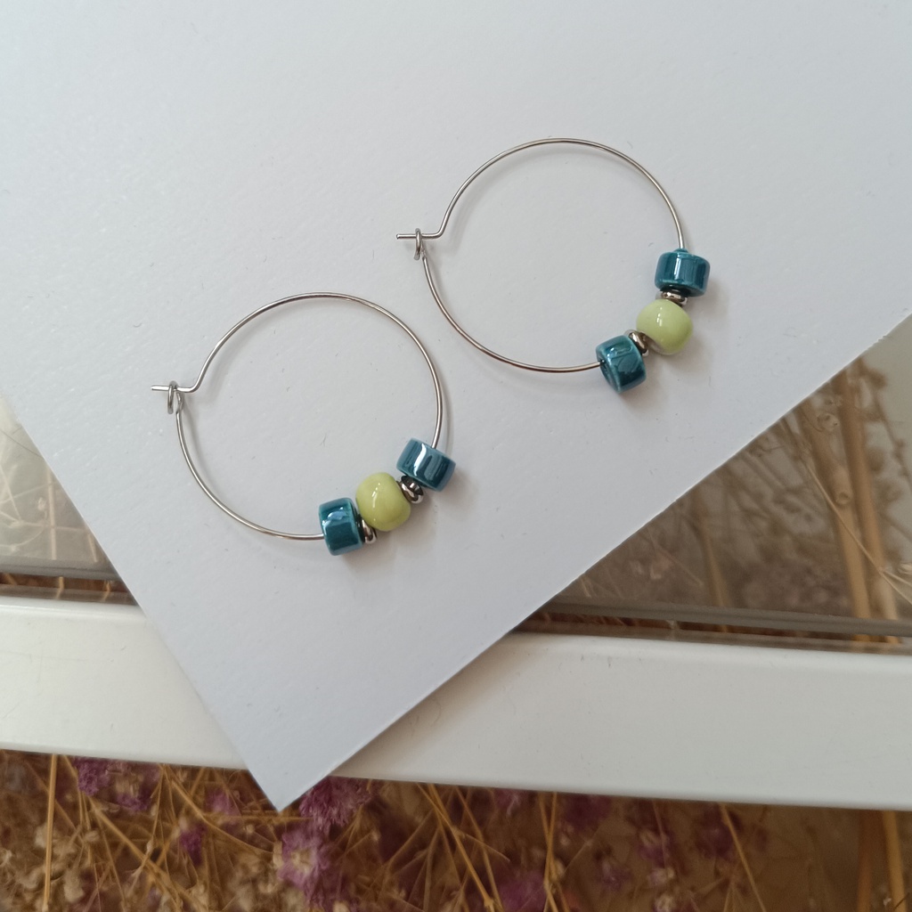 Pendientes Cerámica Triple Cuenta Verdes