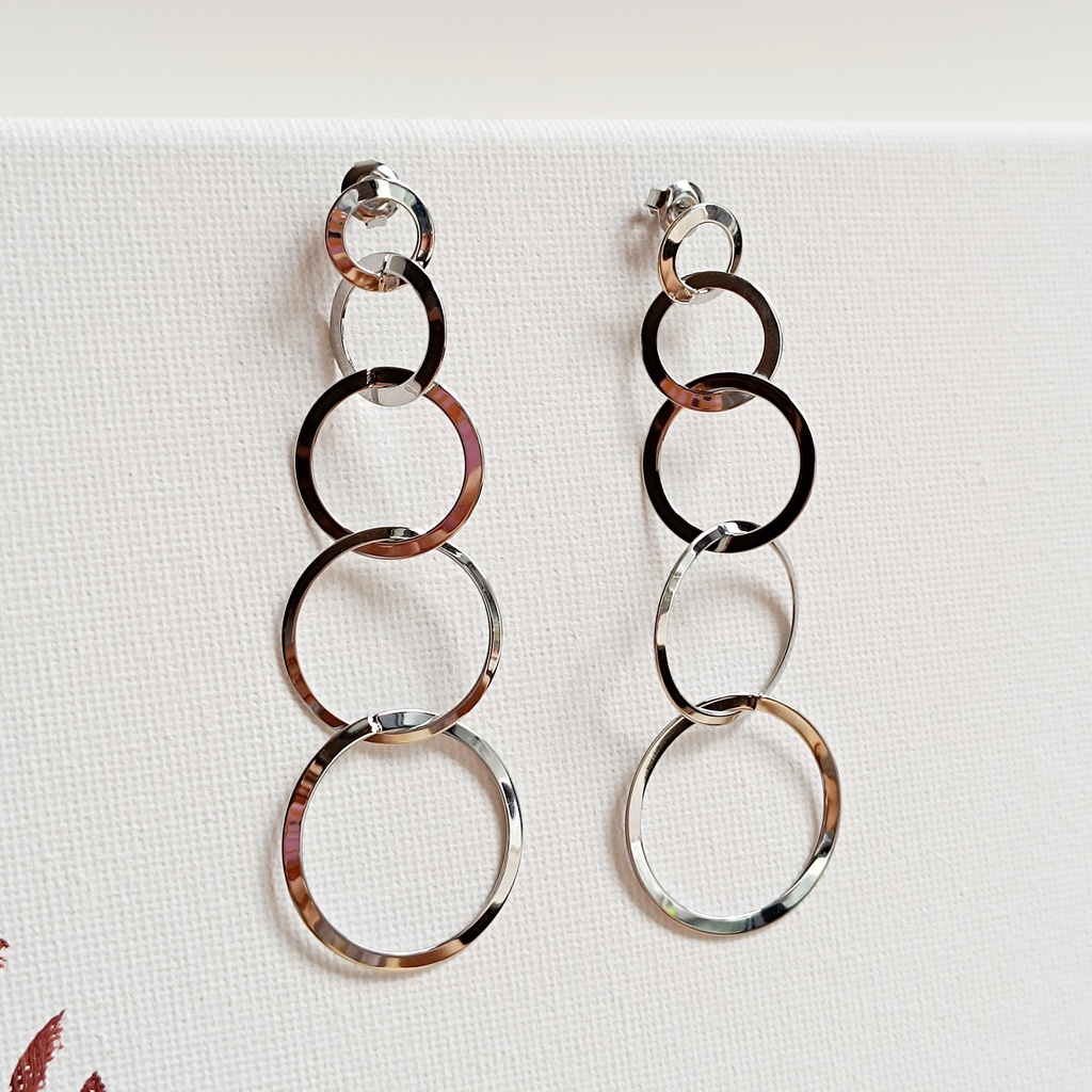 Pendientes Largos Círculos Ondas Plateado