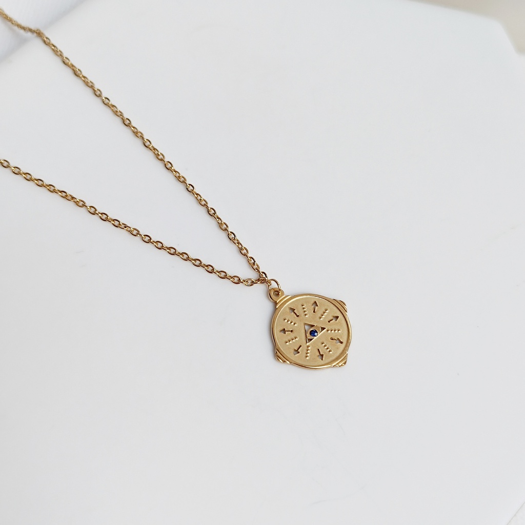 Collar Chapa Brújula Circonita Azul Dorado
