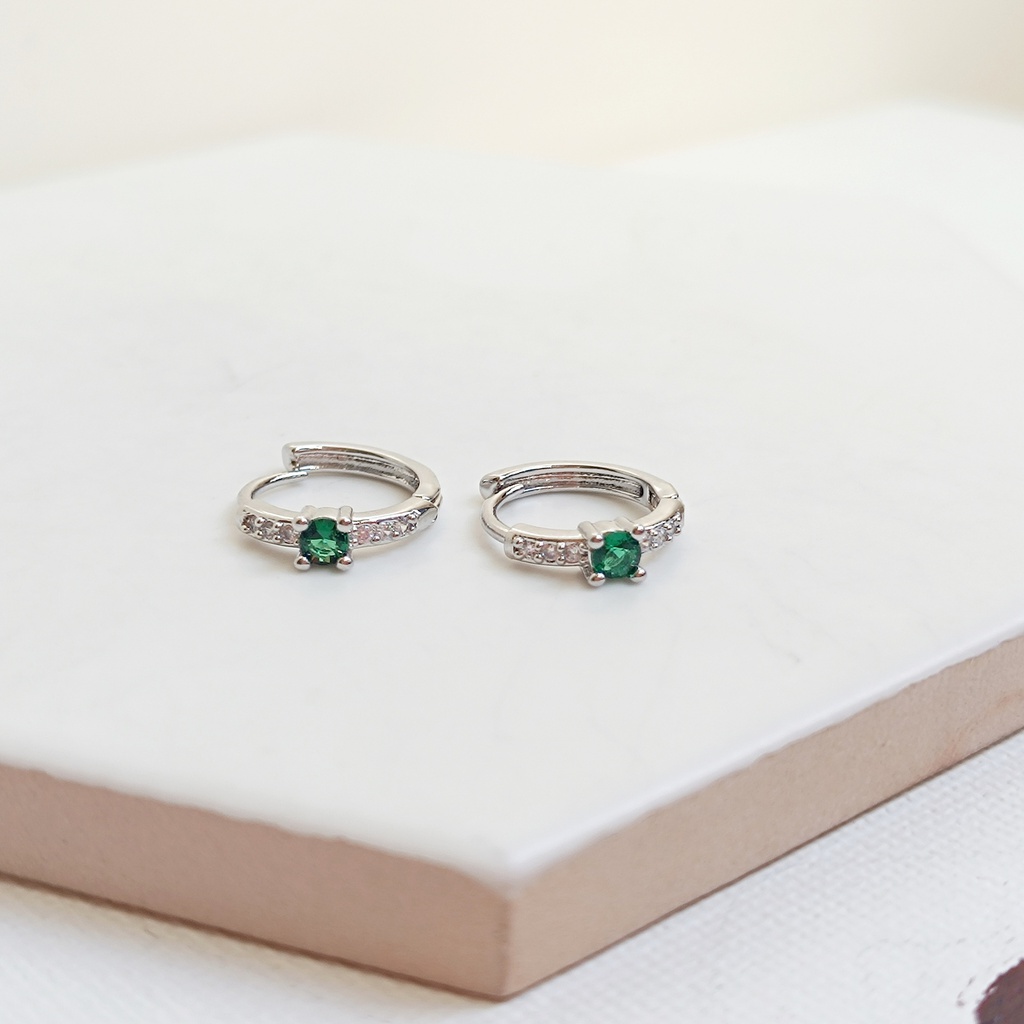 Pendientes Aritos  Circonitas Verde Blanca Plateado