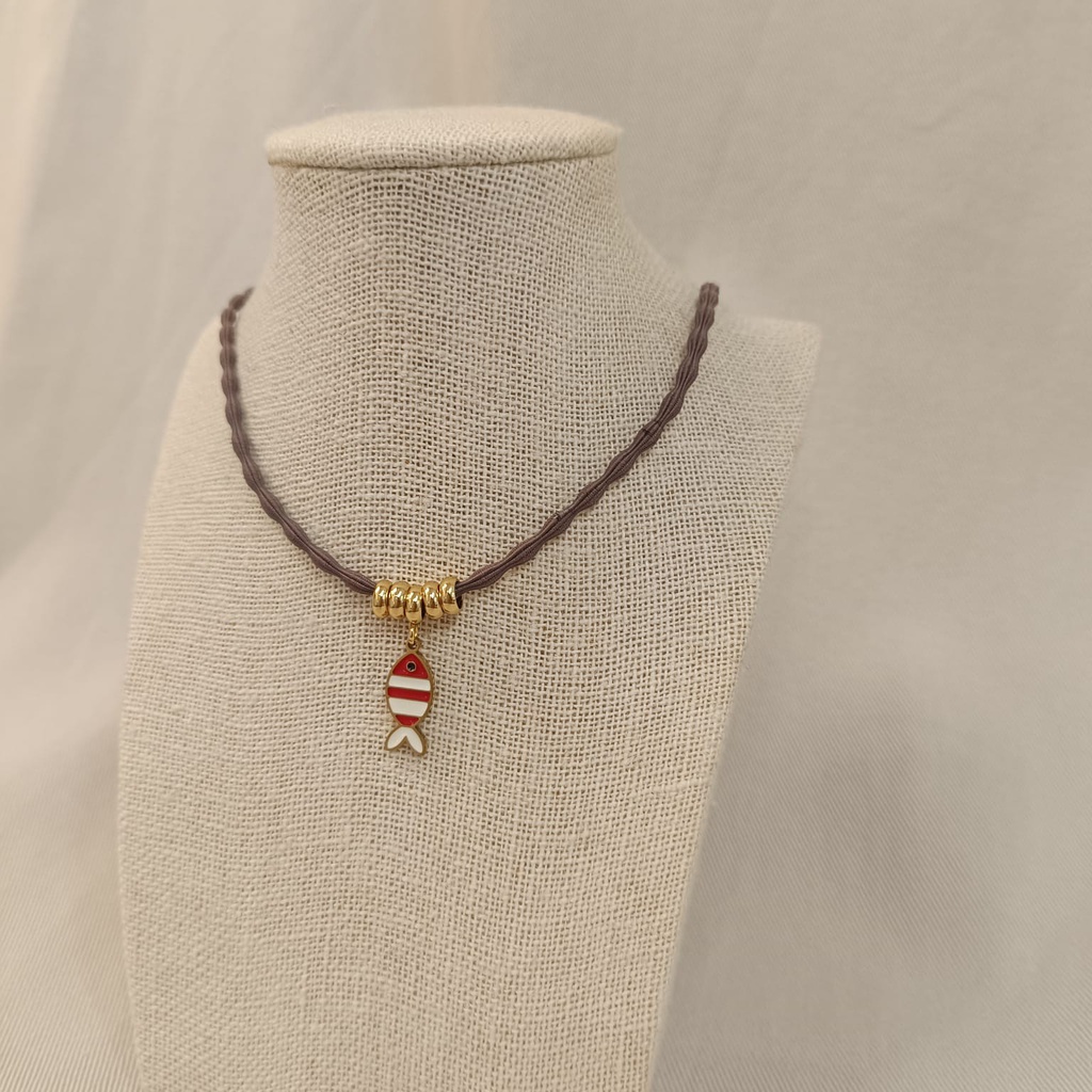 Collar Cordón Pez Rojo Y Blanco Dorado