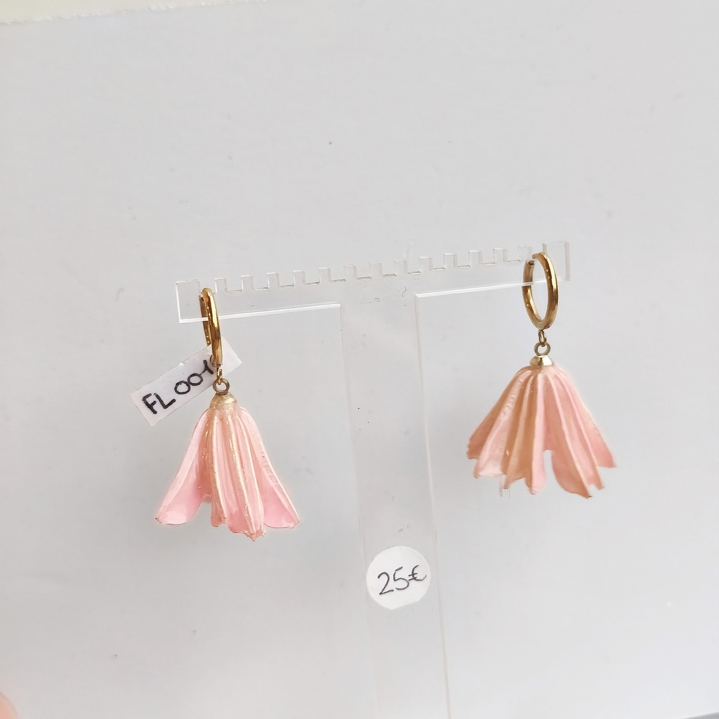 Pendientes Aro Flor Natural Resina Rosa Dorado