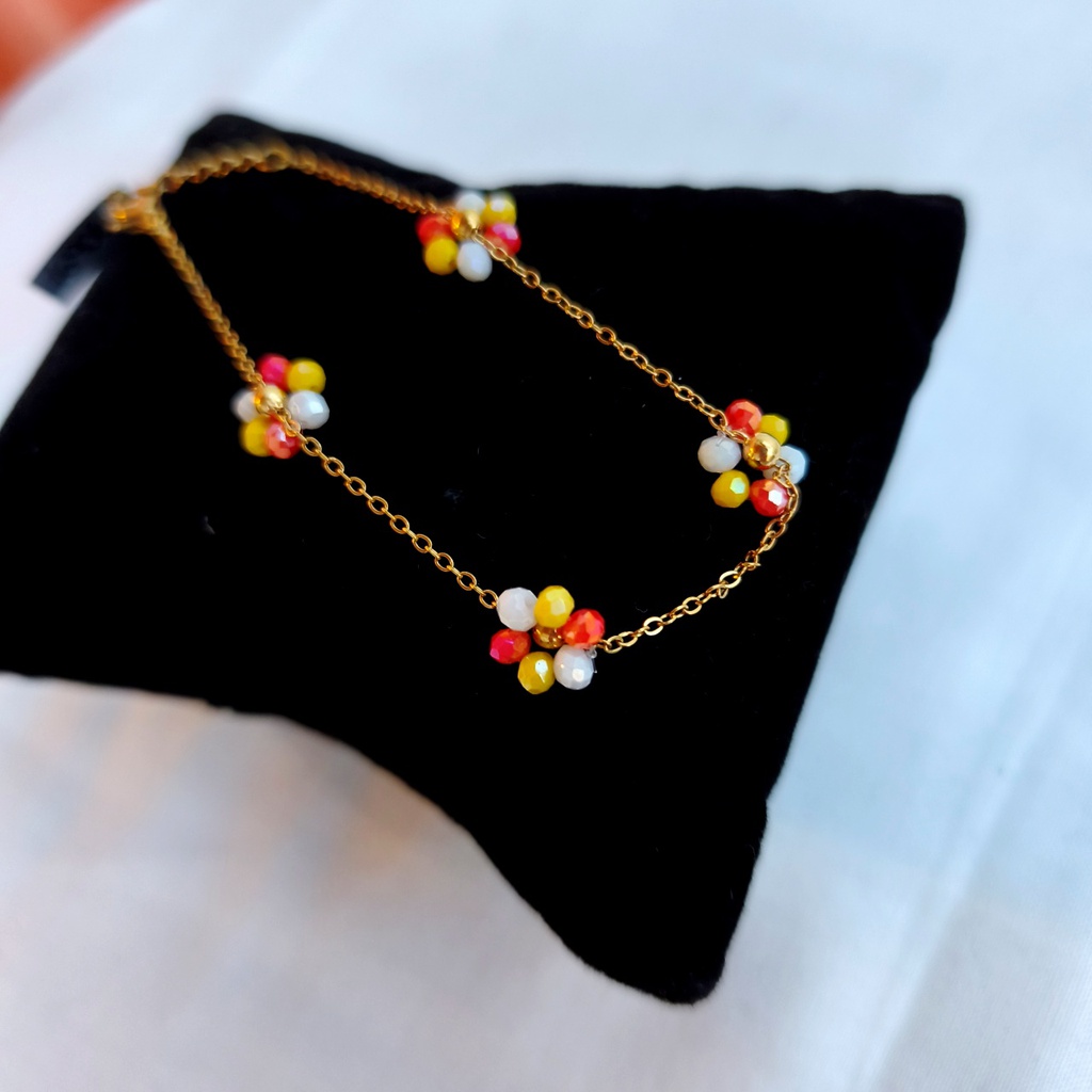 Pulsera Flores Cuentas Naranja (Dorado)