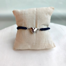 Pulsera Trenzada Azul Marino Corazón (Plateado)